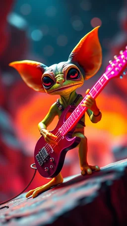 a gekko gremlin rock star with space lazer guitar in the style of Escher, bokeh like f/0.8, tilt-shift lens 8k, high detail, smooth render, down-light, unreal engine, prize winning