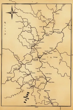 a scan of an ancient Cree Anishinaabe road map, black and white printed map that has been been stained and weathered, text is in a Cree Syllabic font