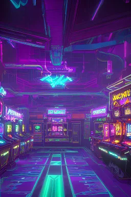 A dark photo of a full panoramic view an 80's aesthetics arcade at night, with a lot of functioning arcade machines, a vaporwave floor and some colorful tiles in between the floor. Purple aesthetics. Full panoramic view.