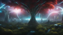 hyper realistic, tron legacy movie, aliens creatures, space ships of the future, city of the future, green nad dark red trees , forest, yellow, blue, purple, orange, space, planets, god creations