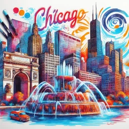 tourist poster of Chicago, Illinois in vibrant marker art style, featuring iconic landmarks such as Cloud Gate, Buckingham Fountain, Sears Tower illustrated with bold strokes, vivid colors, hand-drawn marker textures, sketch-like outlines, and coloring-book aesthetics. Include dynamic urban scenery, expressive ink shading, playful imperfections, and energetic travel-poster composition. Typography “Chicago, Illinios” prominently displayed on top in stylish retro travel font, clean poster layout,