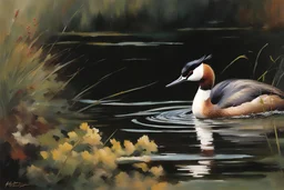 Masterpiece, best quality, Brent Heighton style painting of a great crested grebe, swimming in a ditch, painted by Brent Heighton