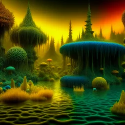 Odd swamp landscape with odd beings surreal abstract Max Ernst style, 120mm photography, sharp focus, 8k, 3d, very detailed, volumetric light, grim, fine art, very colorful, ornate, F/2.8, insanely detailed and intricate, hypermaximalist