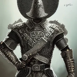 Full body portrait,"Insanely detailed photograph of an armored mariachi warrior with sword", intricate chainmail charo,detailed Sombrero, intricate D20 buttons, digital painting, artstation, concept art, smooth, sharp focus, illustration, art by artgerm and greg rutkowski and alphonse mucha, 8 k