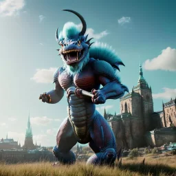 full body photography of troll, dragon theme art, light happy atmosphere, 8K, close-up face, anatomically perfect face, clouds and sun, ignore NSFW, full body image, Stockholm in the background