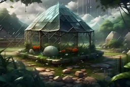 Vector. Illustration. realistic, Digital painting. hail stones break garden greenhouse