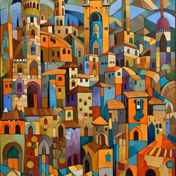 An abstract geometric painting depicting a landscape of an ancient medieval city with castles, towers, churches, vaults, culverts and bells in a very stylized and cubist way. The composition consists of various shapes, forms and geometric elements arranged to create the impression of buildings, structures and architectural elements in an urban landscape. The shapes and forms used in the painting are a combination of straight lines, angles, curves and circles, creating a sense of rhythm and mo