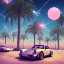 1980's aesthetic vaporwave palm trees and spheres and Porsche with lightning