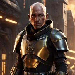 star wars bald male corellian pilot wearing pearlescent black and gunmetal grey First Order special forces heavy assault stealth commando armor and helmet with gold trim inside the jedi temple, hyperdetailed, dynamic lighting, hyperdetailed background, 8k resolution, volumetric lighting, light skin, fully symmetric details