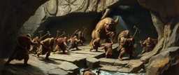 master oil painting by Rembrandt, realistic rendering wild battle on underground bridge, dwarves wielding pickaxes, orcs and mountain trolls, huge mutant bugbear, bridge is kinda collapsing