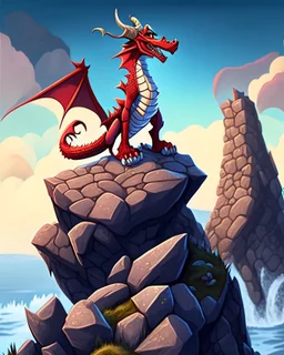 cartoon art of man dragón as human full body, standing on a rock