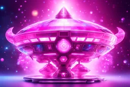 a cosmic pink beautiful SPACESHIP made of crystals and gems standing in the light of a galaxy