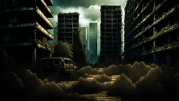 post-apocalyptic urban landscape with overgrown nature