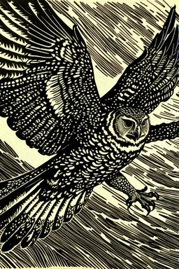 Block print tawny owl in flight