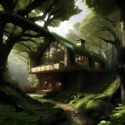 A secluded house in the heart of a mystical woodland, its architecture blending seamlessly with the towering trees, as if nature itself wove the walls and roof into existence