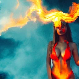 woman made of fire, full face, fire angel, hair made of fire, hair covering breasts, fire all around, only wearing bikini made of fire, extremely detailed, photo style, style of photo, lava background