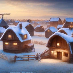 quaint fantasy medieval farming village in frost night with wooden buildings grasslands plains