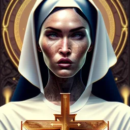 portrait of megan fox as a sultry nun, catholic, church, bible, christian, intricate, headshot, highly detailed, digital painting, artstation, concept art, sharp focus, cinematic lighting, illustration, art by artgerm and greg rutkowski, alphonse mucha, cgsociety