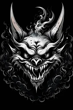 black and white illustration of a vampire bat head with smoke coming out of its nostrils