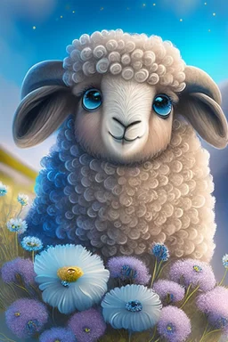 Happy and cute scottish mountain sheep with dreamy sparkling eyes, 4K resolution quality, sitting and holding flower, nursery art, very beautiful and highly polished, with perfect detail, smooth edges, soft hair, flawless facial features , stunning, whimsical fantasy, beautiful, detailed, well rendered, cartoon, illustration