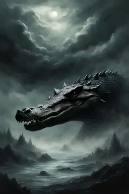 thick very dense foggy clouds a powerful crocodile, a view in the animal's counter-angle, an ominous fantasy illustration, dark fantasy artwork, in style of dark power fantasy art, dark fantasy horror art, dark fantasy style art, dark fantasy illustration, dark fantasy art, dark soul concept art, inspired by Beksinski, fantasy horror art, dark fantasy concept art, dark concept art, fantasy dark art, dramatic concept art
