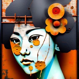 an abstract painting of rusted metal and flowers, Geisha portrait, rust, scaffolding, iron cladding, decay, mixed media, textured, anatomically correct, beautiful perfect face, sharp focus, highly detailed by Francisco de Goya 8k