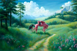 Big pink plastic toy horse.19th painting