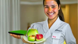 hotel housekeeping smiling holding small apple airbuds