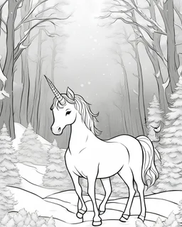 outline art for a cute unicorn surrounded by snowy forest, coloring page, white background, sketch style, full body, only use outline, Mandala style, clean line art, white background, no shadows and clear and well outlined