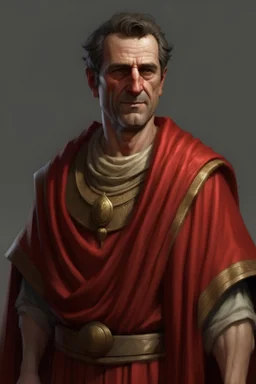 A Roman Clerk dressed in a red toga looking at the camera. In the style of Fallout 1 character.