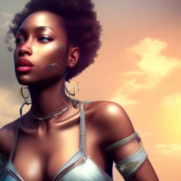 full portrai of black female model,high detail, volumetric lighting, tiny features, intricate detail,volumetric clouds