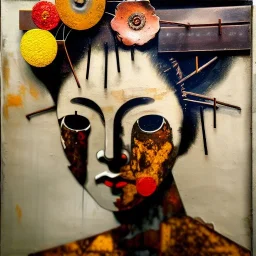 an abstract painting of rusted metal and flowers, Geisha portrait, rust, scaffolding, iron cladding, decay, mixed media, textured, anatomically correct, beautiful perfect face, sharp focus, highly detailed by Francisco de Goya 8k