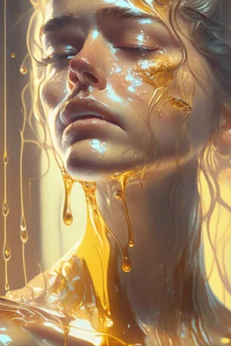 transparent Liquid honey dripping on woman face, photorealistic beautiful woman, light hair, full body, cover, hyperdetailed painting, luminism, Bar lighting, complex, 4k resolution concept art portrait by Greg Rutkowski, Artgerm, WLOP, Alphonse Mucha,