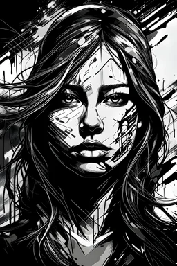 create a simple abstract, deeply powerful and tragic emotional woman, black and white vector style, raw and weathered, lost in a horrific post apocalyptic world