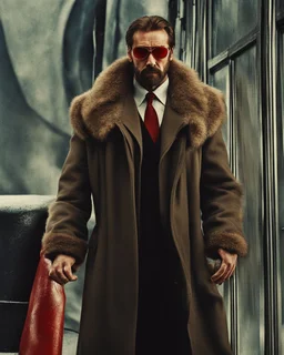 a young man with big muscles who looks like hans gruber wearing a heavy coat and red sunglasses staring with an irritated look on his face