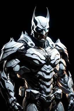 Batman in a mega cool white iron super suit with spikes on his arms and shoulders, hdr, (intricate details, hyperdetailed:1.16), piercing look, cinematic, intense, cinematic composition, cinematic lighting, color grading, focused, (dark background:1.1)
