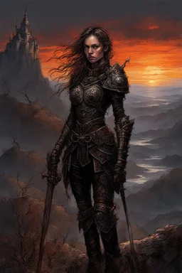 A formidable warrior girl in black armor, on the background Amazing gloomy landscape, flooded with sunset, mountains, trees, fabulous scary hero, , juicy emotions, painting, dark fantasy, gloomy day, dark world, portrait, Gothic Town At Night, Fantasy, Intricate Details, Castle Courtyard Gardens, Hyper Detailed, Jean Baptiste Monge, Carne Griffiths, Michael Garmash, Seb Mckinnon, Masterpiece