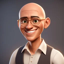 a portrait of smiling man. caricature. a bit bald, black hair. light brown skin. black eye pupils. circle eyeglasses with thin gold frame. reverse oval face shape. white shirt with black vest. pixar style. 3D. 4k. portrait. highly detailed. sharp focus. high resolution. full color. cinema lighting