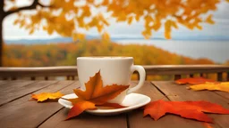 cup of coffee on a wooden table close up fall autumn tree background