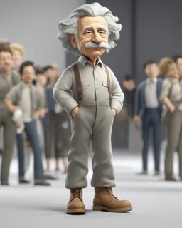 4D cartoon with big head, ultra-realistic details of Albert Einstein dressed in a plain gray long-sleeved shirt, cargo pants, cream-colored boots, hands in pockets, white background