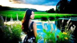 country side small river nice rocks at floor wild flowers blosom pretty sky and cloudes a beautiful young lady standing gracefully in water