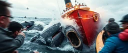 close up on scared people, collisions, aggression, ship hitting animals, animals interacting with vehicles, whales near boats, overlapping subjects, chaotic composition, distortion, surreal behavior, violence, confusion, merged objects