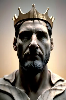 Ultra Realistic image, Roman sculpture, white marble material, Lionel Messi, gold crown of natural thorns, god crown, baroque ornaments, sun rays background, waist up portrait, epic, celestial, cinematic lighting, God lights, 4k resolution, smooth details, soft lighting, unreal engine 5, art station, substance 3d.