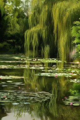A beautiful classical painting of a cute pond with willows