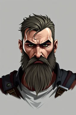 homem alto, intimadador, forte, barbudo, cabelo curto, 48 anos. Faça no esstilo rpg, com fundo cinza, não medieval