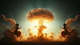 a nuclear explosion cloud(middle), the wind and smoke from the explosion forming shapes of dancing india women(left and right sides), religiose art