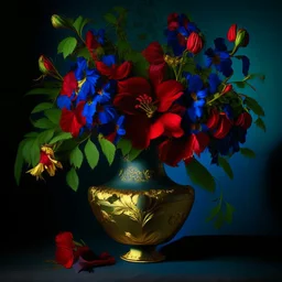 Flowers in midnight blue flowers, red flowers and green leaves in a gold vase. Light background