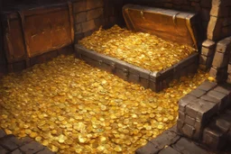 dnd, fantasy, watercolour, large strokes, stylistic, large and deep dungeon, piles of gold coins, chests full of gold, various gems, various riches, opulent, grandiose