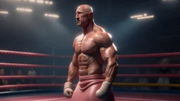 Highly detailed wide shot of Dwayne Johnson posing in a boxing ring, realistic, muscles, buff, flexing, pink, skirt, dress, dim light