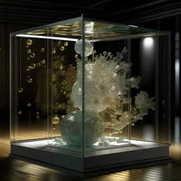 The adoration of the Ai: 3d sculpture in pieces Exploding view: A see through glass sculpture, an exploding waterglass vitruvian man , the hollow glass sculpture is made of thin fluid pearlescent glass, see through broken cracked glass, it’s coming apart in pieces, all the pieces are suspended in the air, inside a pixel glass orb, in a glass cube, alien sugar cube, micro details, 3d sculpture, magical pixel atmosphere , masterpiece, sacred, worship, art and science divine,